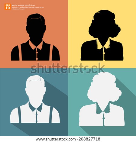 Set of Silhouette people man and woman  retro style avatar profile pictures with shadow on color vintage background