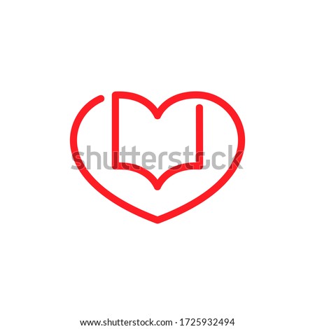 Book and heart outline symbol on white backdrop. Loving books concept