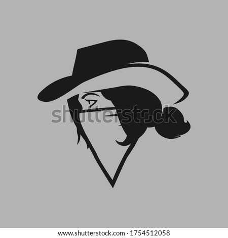 Cowgirl outlaw side view portrait symbol on gray backdrop. Design element Foto d'archivio © 