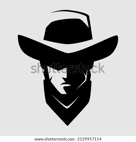 Cowboy outlaw portrait symbol on gray backdrop. Design element Foto d'archivio © 