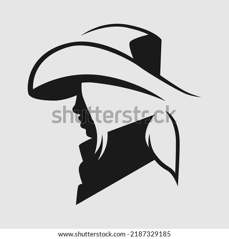 Pretty cowgirl side view portrait symbol on gray backdrop. Design element	