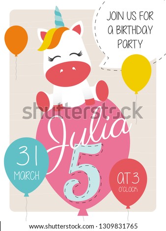 5th birthday party invitation card with  - Unicorn. Name Julia.