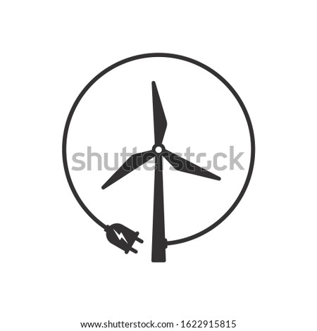 Vector circle black icon wind turbines generating electricity with connector. Isolated on white background.