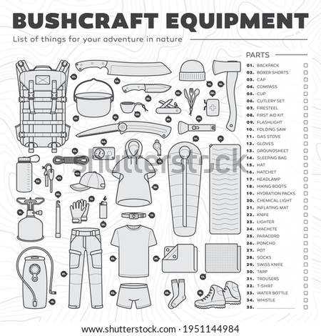 Vector list with icons of bushcraft (survival) equipment. Isolated on white background with contour line.