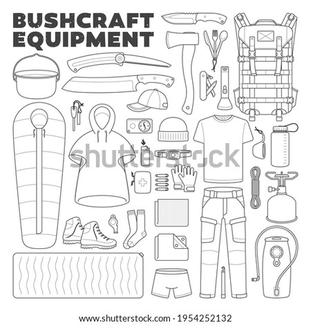 Vector list icons of bushcraft (survival) equipment. Isolated on white background.