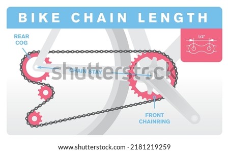 Vector infographic Bicycle chain length. Detail of the chain passing through the gears. Bike crankset. Isolated on white background.