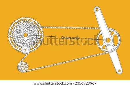 Vector infographic Bicycle chain length. Detail of the chain passing through the gears. Bike crankset. 12 Speed system. Yellow background.