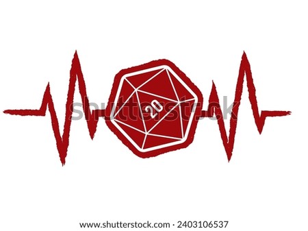 Vector medical pulse red line with symbol of 20 double sided cubes. Board Games. White background.