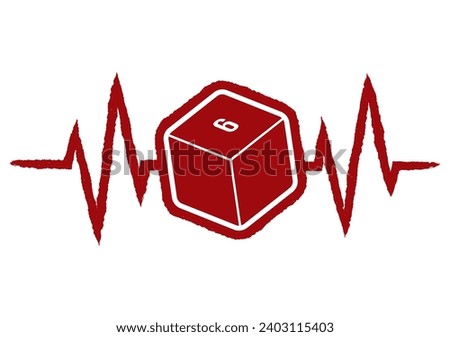 Vector medical pulse red line with symbol of 6 double sided cubes. Board Games. White background.