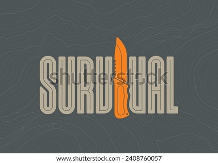 Vector logo Survival with motif knife. Blue background with contour line.