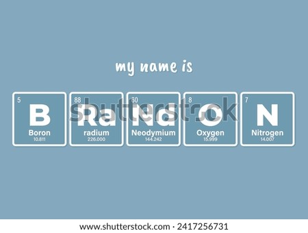Vector inscription name BRANDON composed of individual elements of the periodic table. Text: My name is. Blue background