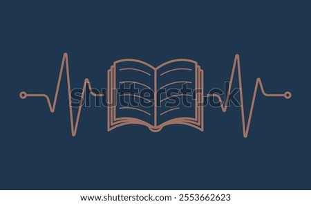 Vector design of pulse symbol of beating heart with open book. Isolated on blue background