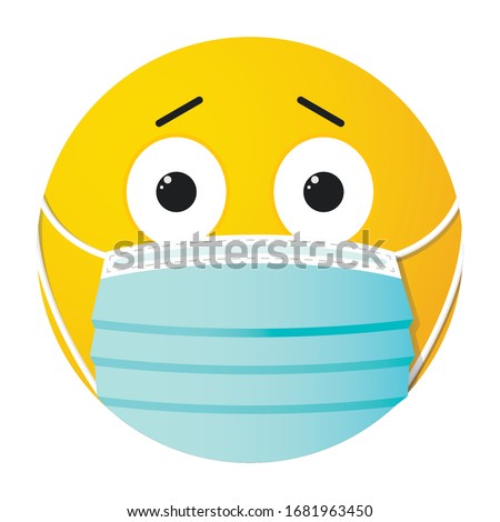 Medical face mask. Frightened little yellow smiley in a drop of medicine on the end of a syringe needle. Vector illustration for web use on blogs and print articles on the fight against coronavirus.