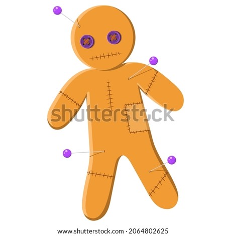 A voodoo doll. Scary mystical doll for human control. Voodoo magic with needles. Vector illustration isolate in cartoon style. A toy pierced with needles, the curse of a man.