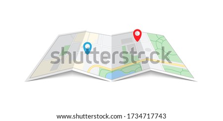 City Paper Map with pin. Red and blue direction pointer on folded city map, gps navigation and travel brochure. Vector illustration isolated on white background.