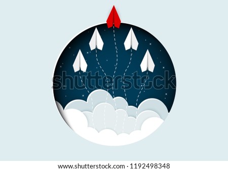 think outside the box concept. paper airplane red and white are competition to destination up to the sky ejected from circle. go to the target. startup. leadership. creative idea. vector illustration