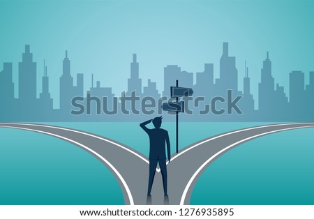 Businessmen standing on the road the crossroad. Concept of important choices of a business. Decide direction. Human standing choice of ways. illustration cartoon vector