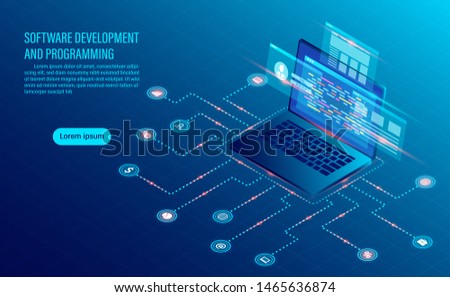 software development coding and business analysis. programming of concept. data processing. Computer code with window interface. flat isometric illustration