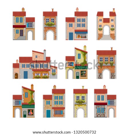 set of icons of architectural two-storey buildings in the style of French Provence, stone houses with a red tile roof, shops, stairs, windows, doors