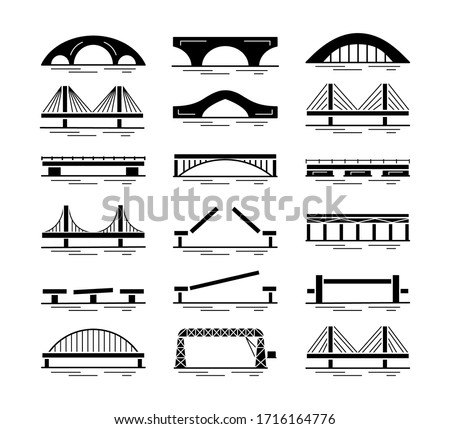 Set of bridge black silhouette icons isolated on white background. Different types of bridges. Various constructions of bridges. Vector illustration.