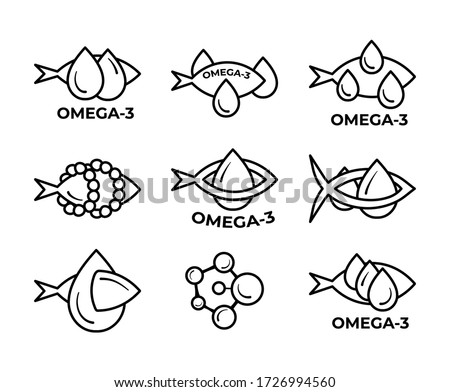 Set of fish oil icon isolated on white background. Vitamin omega 3 template. Drops and fish silhouette. Line style. Treatment nutrition skin care vector design. 