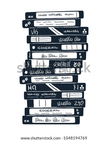 Stack of old video cassettes. 90s technology. Inky doodle illustration. Vector. 