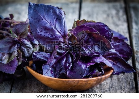 beam of purple basil in the bowl on the rustic wooden table