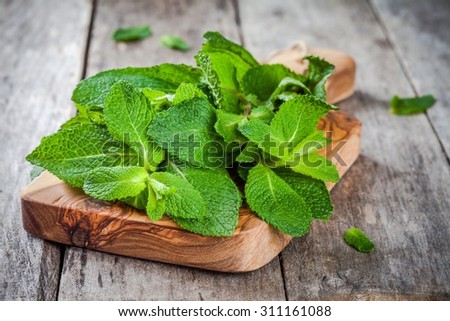 organic fresh bunch of mint on wooden cutting board  on a rustic background