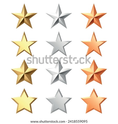 Golden, bronze, silver glossy metallic stars 3d realistic style. Leadership, game award, customer feedback symbol vector illustration isolated on white background