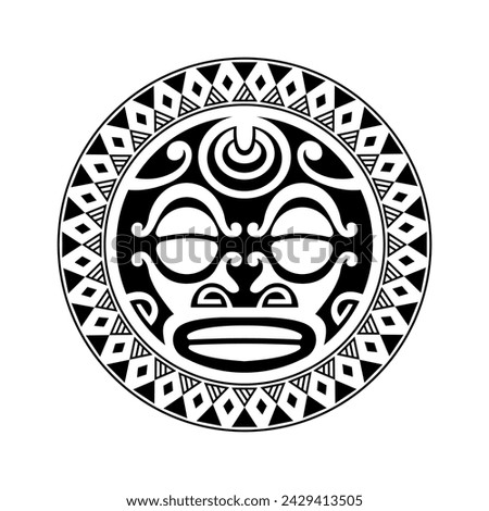 Round tattoo ornament with sun face maori style. African, aztecs or mayan ethnic mask. Black and white.