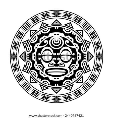 Round tattoo ornament with sun face maori style. African, aztecs or mayan ethnic mask. Black and white.