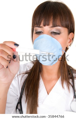 doctor with thermometer and protective mask for flu or swine flu