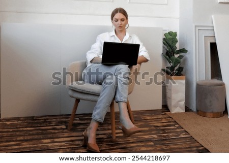 Similar – Foto Bild Frau in Jeans am Strand stehend