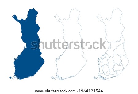 Finland map vector. High detailed vector outline, blue silhouette and administrative divisions map of Finland. All isolated on white background. Template for website, design, cover, infographics