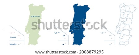 Map of Portugal with Azores and Madeira. High detailed vector outline, blue silhouette and administrative divisions map of Portugal. All isolated on white background. Template for website, design