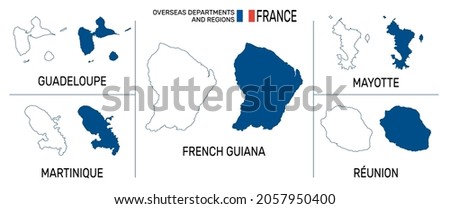 Map of overseas departments and regions of France. High detailed vector outline and blue silhouette. France flag. English labeling. All isolated on white background. For geographic themes