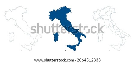 Italy map vector. High detailed vector outline, blue silhouette and administrative divisions, regions. All isolated on white background. Template for website, design, cover, infographics