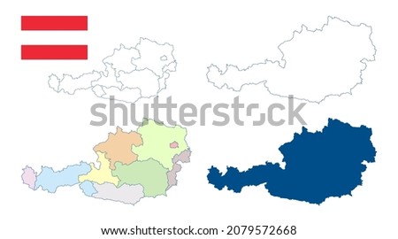 Austria map. Set of vector maps. Detailed blue outline and silhouette. Administrative divisions and states. Country flag. All isolated on white background. Template for design.