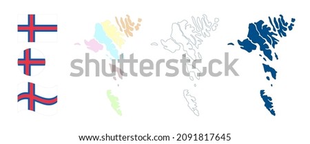 Faroe Islands map. Detailed blue outline and silhouette. Administrative divisions and regions. Country flag. Set of vector maps. All isolated on white background. Template for design.