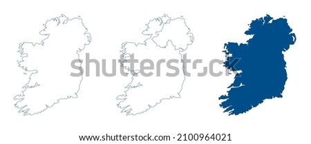 Ireland map. Republic of Ireland and Northern Ireland. Detailed blue outline and silhouette. Set of vector maps. All isolated on white background. Template for design.