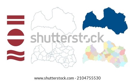 Latvia map. Detailed blue outline and silhouette. Administrative divisions and municipalities force on 1 July 2021. Country flag. Set of vector maps. All isolated on white background.