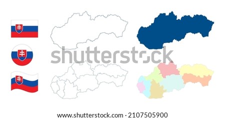 Slovakia map. Detailed blue outline and silhouette. Administrative divisions and kraje, regions. Country flag. Set of vector maps. All isolated on white background. Template for design.
