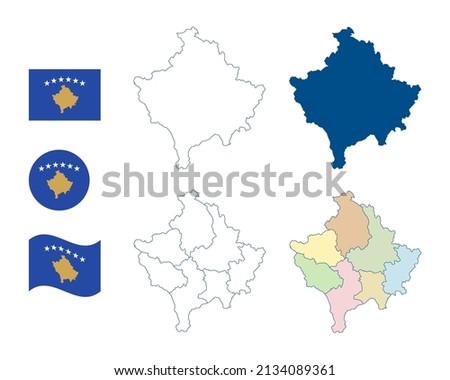 Kosovo map. Detailed blue outline and silhouette. Administrative divisions and districts. Country flag. Set of vector maps. All isolated on white background. Template for design.