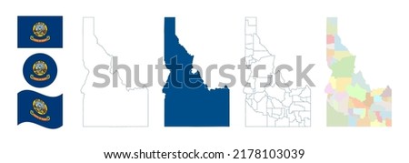 Idaho map. Detailed blue outline and silhouette. Administrative divisions and counties. Flag of Arizona. Set of vector maps. All isolated on white background. Template for design.