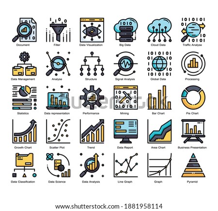 Data Analysis 30 Color Filled outline icons set. Icon design for UX, UI, web, app, brochure, flyer, presentation design, etc. vector and illustration.