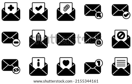 Set of Vector Icons Related to Email. Contains such Icons as Adding, Approved, Arroba, Click, Completed, Delete and more.