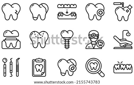 Set of Vector Icons Related to Dental. Contains such Icons as Broken Tooth, Decay, Dental Care, Dental Crown, Dental Filling, Dentist and more.