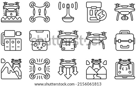 Set of Vector Icons Related to Drones. Contains such Icons as Agriculture , Antenna, Battery, Camera Drone, Drone, High Tech and more.