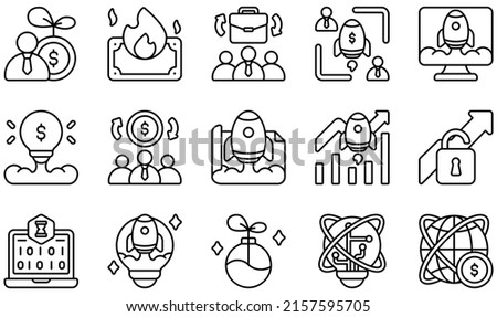 Set of Vector Icons Related to Startups. Contains such Icons as Burn, Crowdfunding, Design, Growth, Hackathon, Idea and more.
