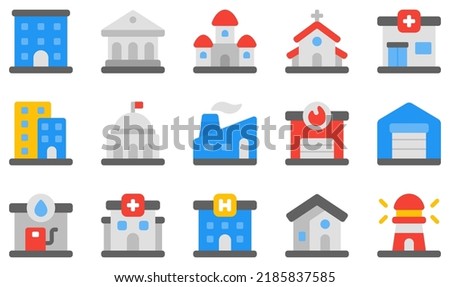 Set of Vector Icons Related to Buildings. Contains such Icons as Apartment, Bank, Castle, Church, Clinic, Condominium and more. Stockfoto © 